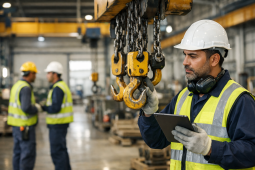 A realistic horizontal industrial workplace scene in Ras Al Khaimah featuring a professional safety inspector carefully examining a large overhead crane and lifting chains inside a modern warehouse. Real workers wearing safety helmets, reflective vests, gloves, and protective boots. One inspector holding a digital inspection tablet while checking lifting hooks and rigging equipment. Clean industrial environment, detailed machinery, natural lighting, authentic human expressions, high realism, shallow depth of field, professional workplace atmosphere, safety-focused composition, ultra-detailed photography style, engaging and trustworthy visual, no text, no logos, no watermark.