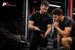 a personal trainer explaining his client what to actually check before booking a personal trainer