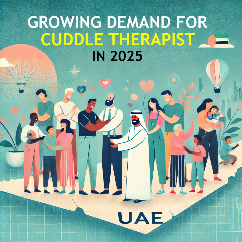 An engaging illustration showcasing career opportunities in cuddle therapy, emphasizing the growing demand and potential in the UAE for 2025, with professional and inviting elements.